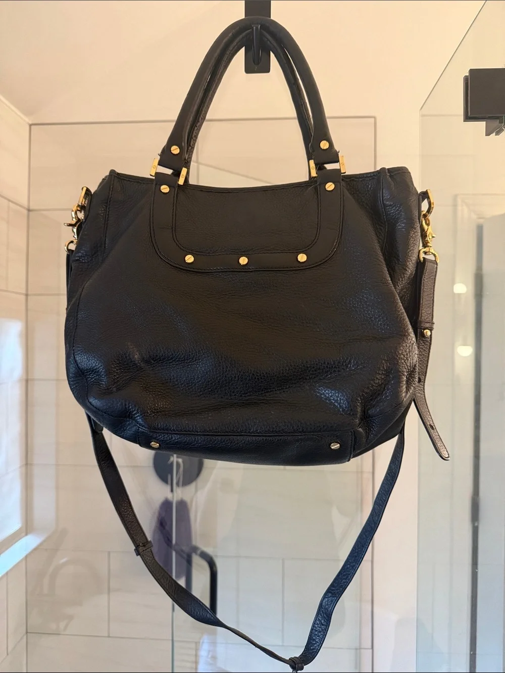 Tory Burch Black Leather Shoulder Tote with Gold Logo Medallion
